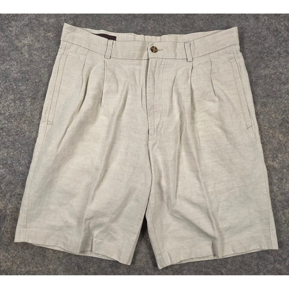 Perry Ellis Mens Beige Herringbone Pleated Linen Cotton Blend Shorts Size 32
